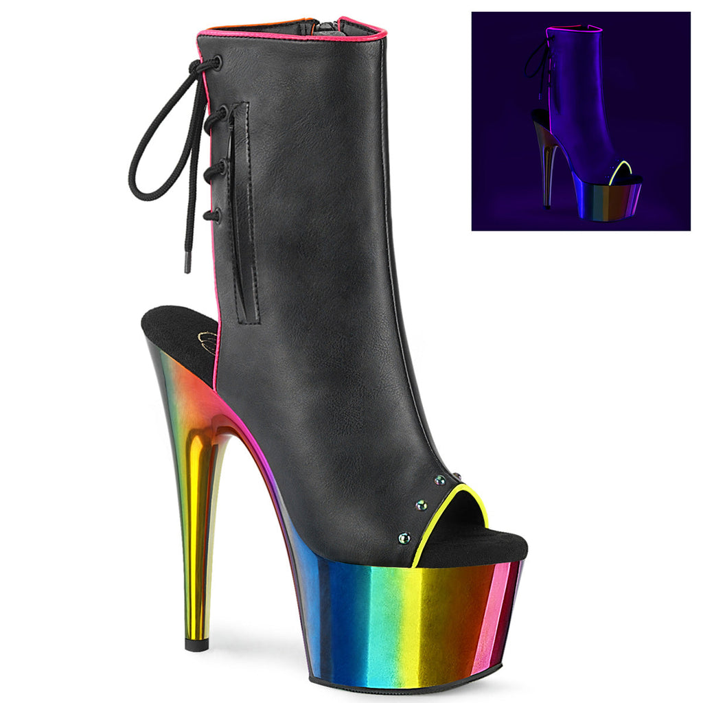 Pleaser Womens Ankle Boots ADORE-1018RC-02 Blk Faux Leather/Rainbow Chrome