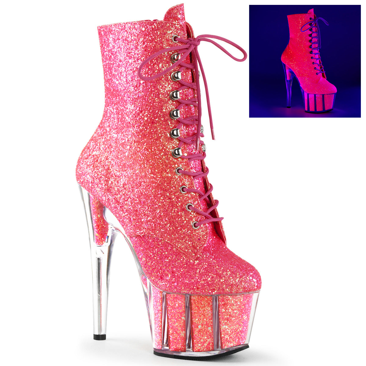 Pleaser Womens Ankle Boots ADORE-1020G Neon Pink Glitter/Neon Pink Glitter