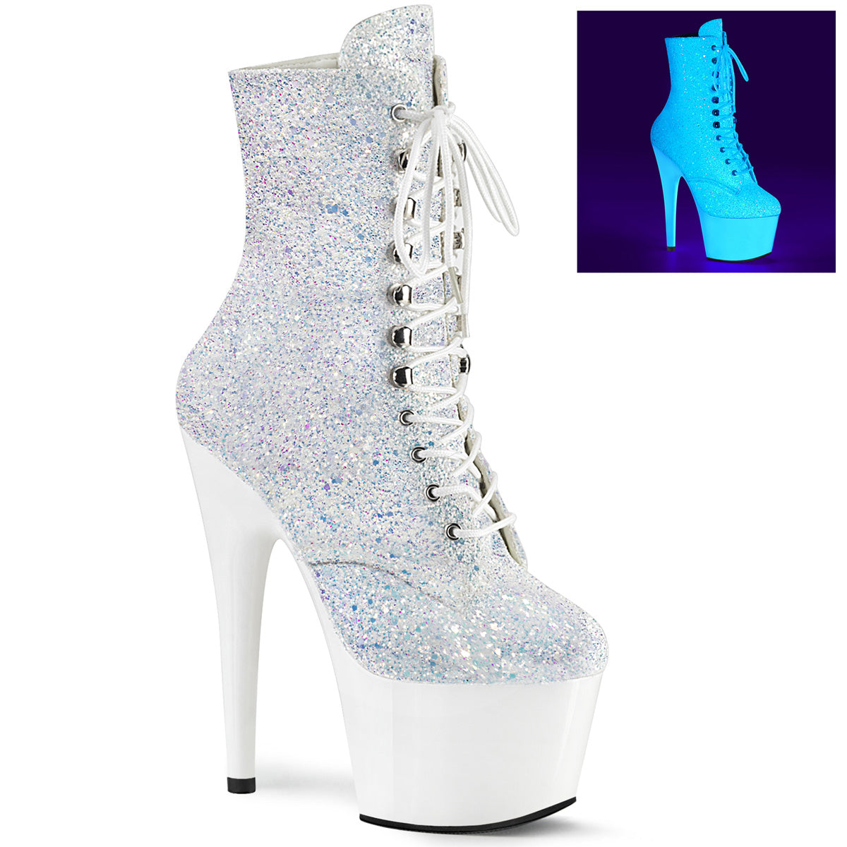 Pleaser Womens Ankle Boots ADORE-1020LG Neon White Multi Glitter/Neon White