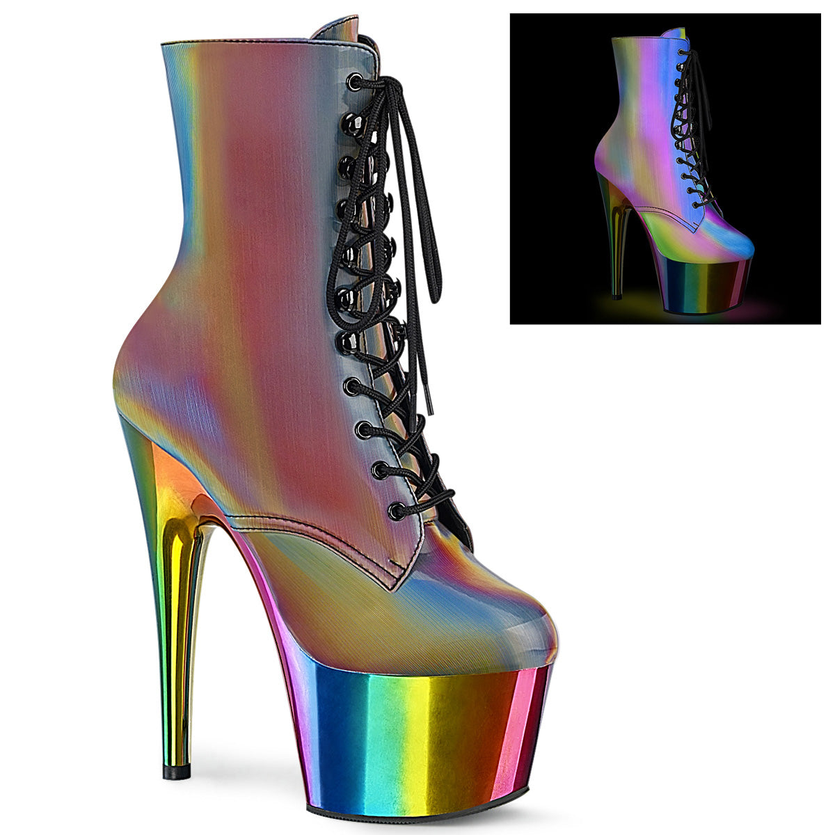 Pleaser Womens Ankle Boots ADORE-1020RC-REFL Rainbow Reflective/Rainbow Chrome