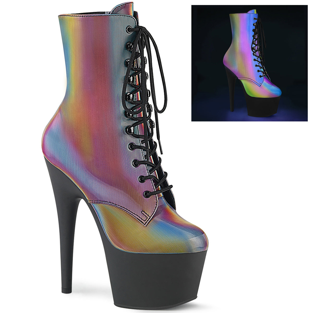 Pleaser Womens Ankle Boots ADORE-1020REFL Rainbow Reflective/Blk Matte