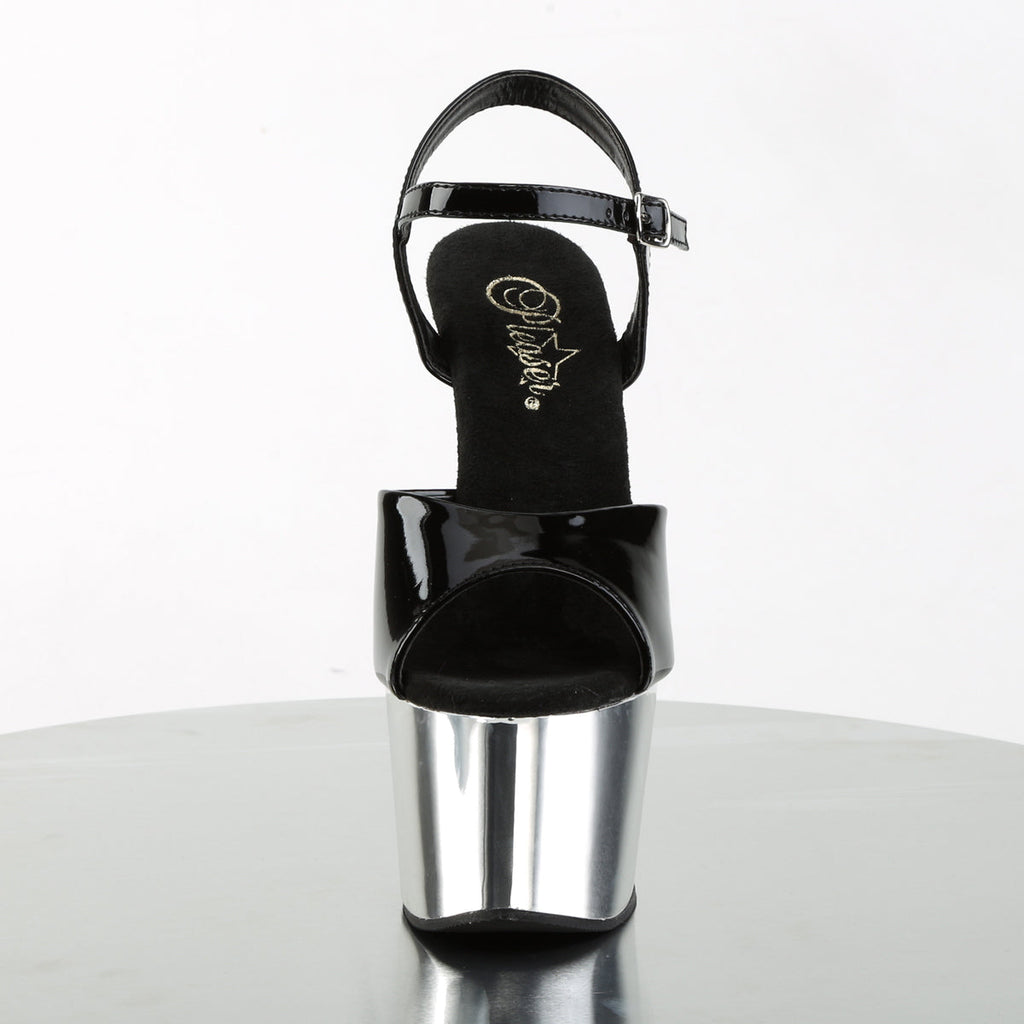 Pleaser Womens Sandals ADORE-709 Blk Pat/Slv Chrome