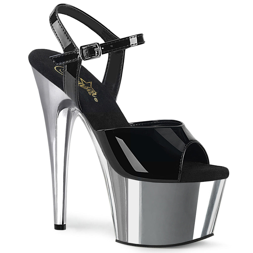 Pleaser Womens Sandals ADORE-709 Blk Pat/Slv Chrome