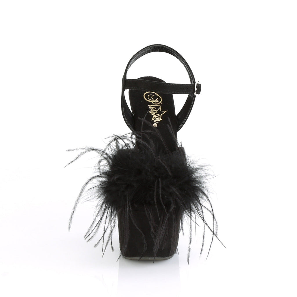 Pleaser Womens Sandals ADORE-709F Blk Faux Suede-Feather/Blk Faux Suede