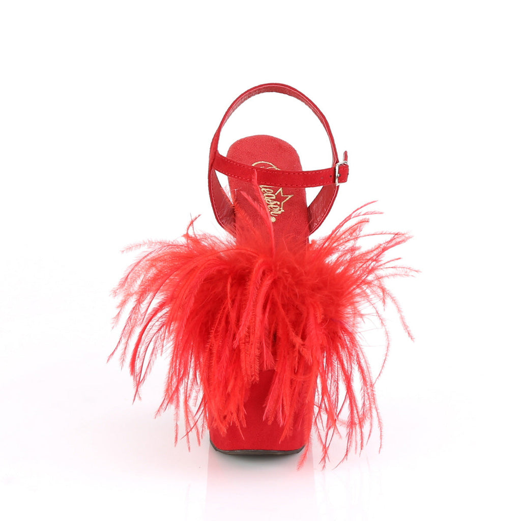 Pleaser Womens Sandals ADORE-709F Red Faux Suede-Feather/Red Faux Suede