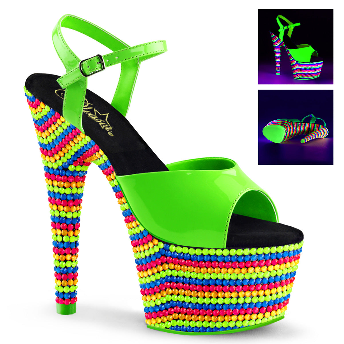 Pleaser Womens Sandals ADORE-709RBS Neon Green Pat/Neon Multi