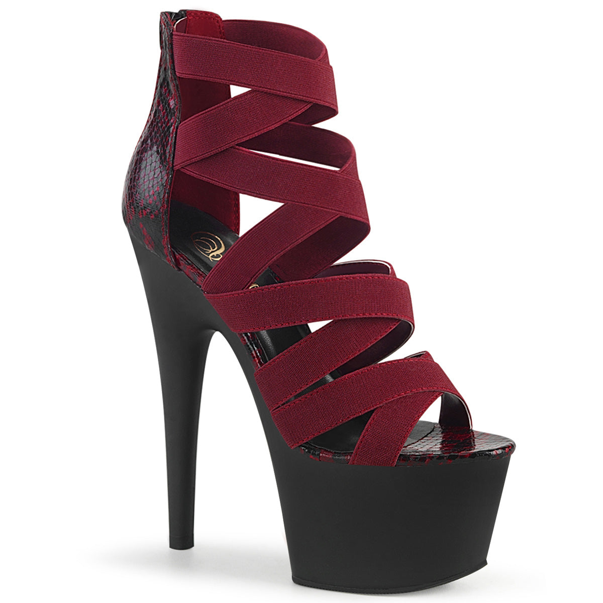 Pleaser Womens Sandals ADORE-748SP Wine Elastic Band-Snake Print Pat/Blk Matte