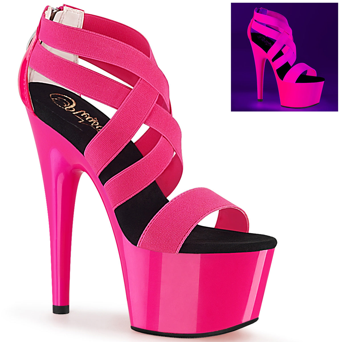 Pleaser Womens Sandals ADORE-769UV Neon H. Pink Elastic Band-Pat/Neon H. Pink