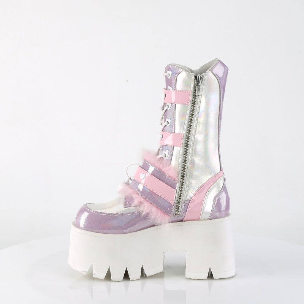 DemoniaCult Women's Mid-Calf & Knee High Boots ASHES-120 B.Pink-Lavender Holographic Pat