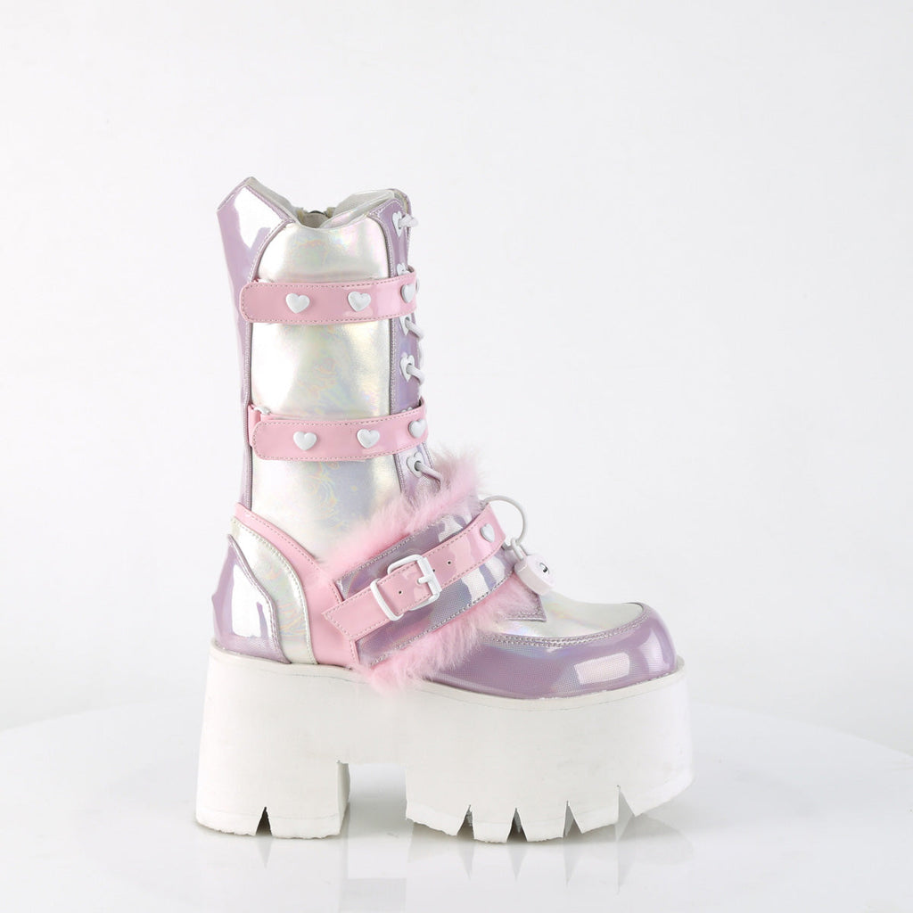 DemoniaCult Women's Mid-Calf & Knee High Boots ASHES-120 B.Pink-Lavender Holographic Pat