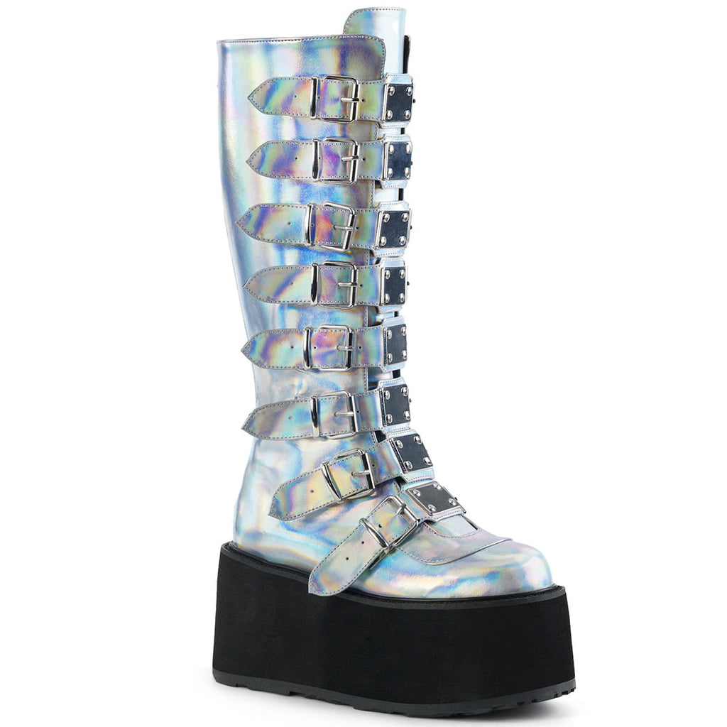 DemoniaCult Womens Boots DAMNED-318 Silver Hologram Vegan Leather