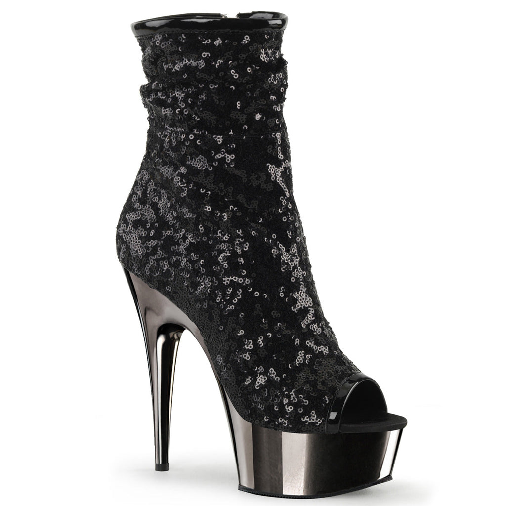 Pleaser Womens Ankle Boots DELIGHT-1008SQ Blk Sequins/Dark Pewter Chrome