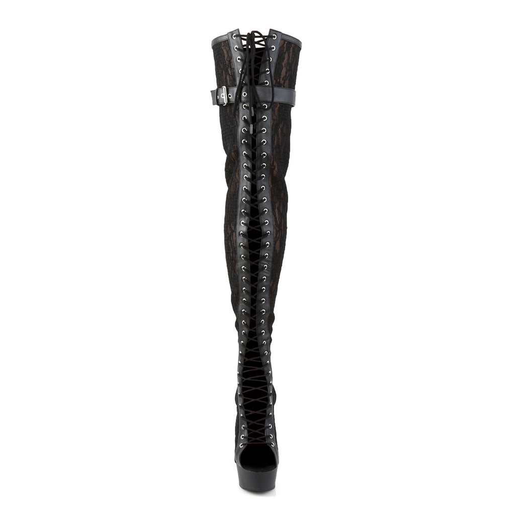Pleaser Womens Boots DELIGHT-3025ML Blk Faux Leather-Mesh-Lace/Blk Matte