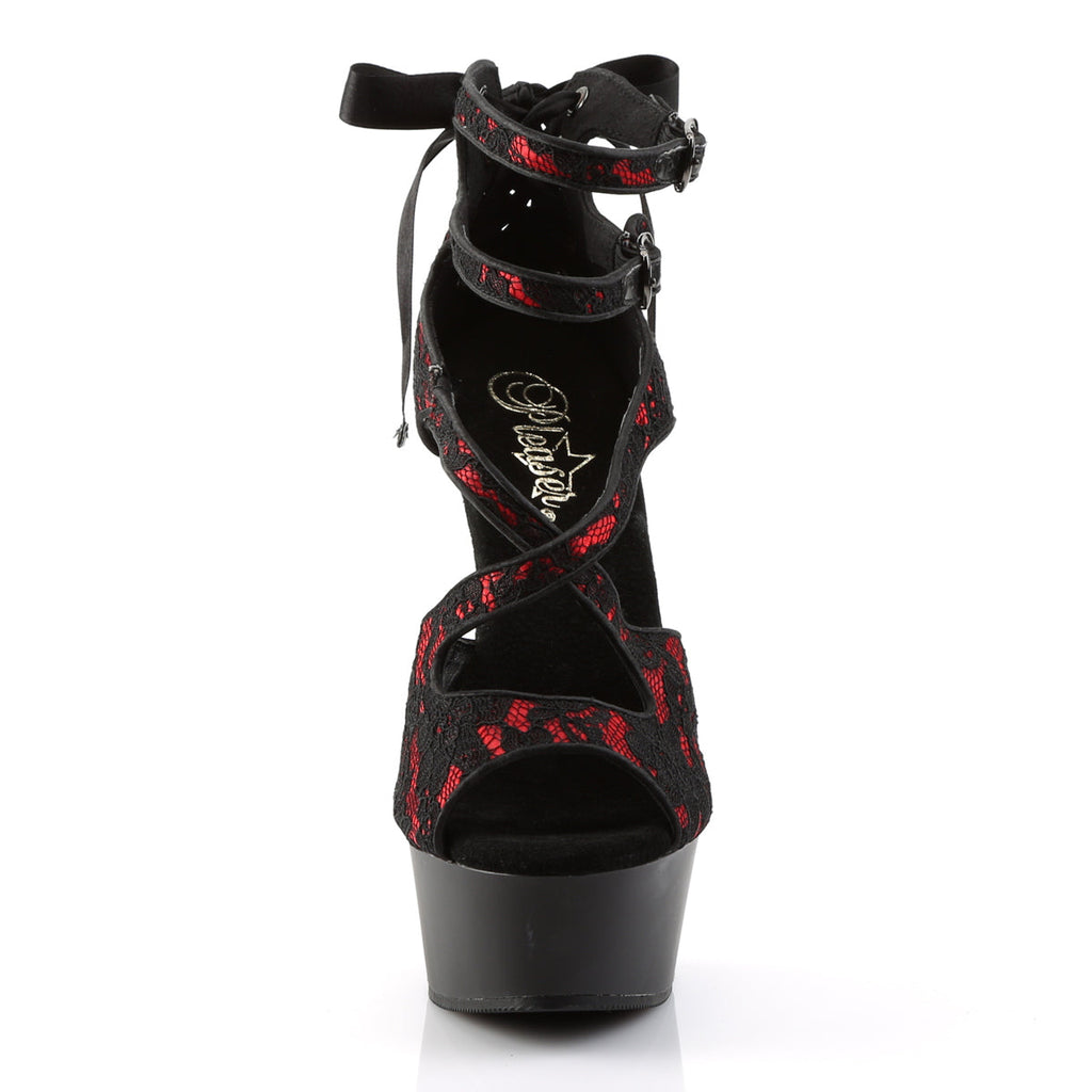 Pleaser Womens Sandals DELIGHT-678LC Red Satin-Lace/Blk Matte