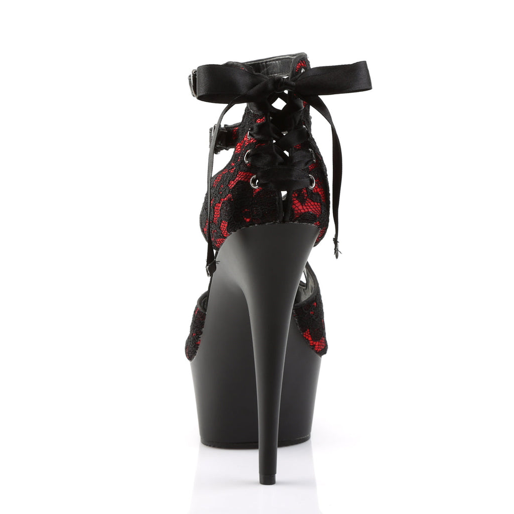 Pleaser Womens Sandals DELIGHT-678LC Red Satin-Lace/Blk Matte