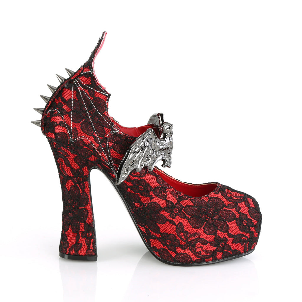 DemoniaCult Womens Pumps DEMON-18 Red Satin-Blk Lace