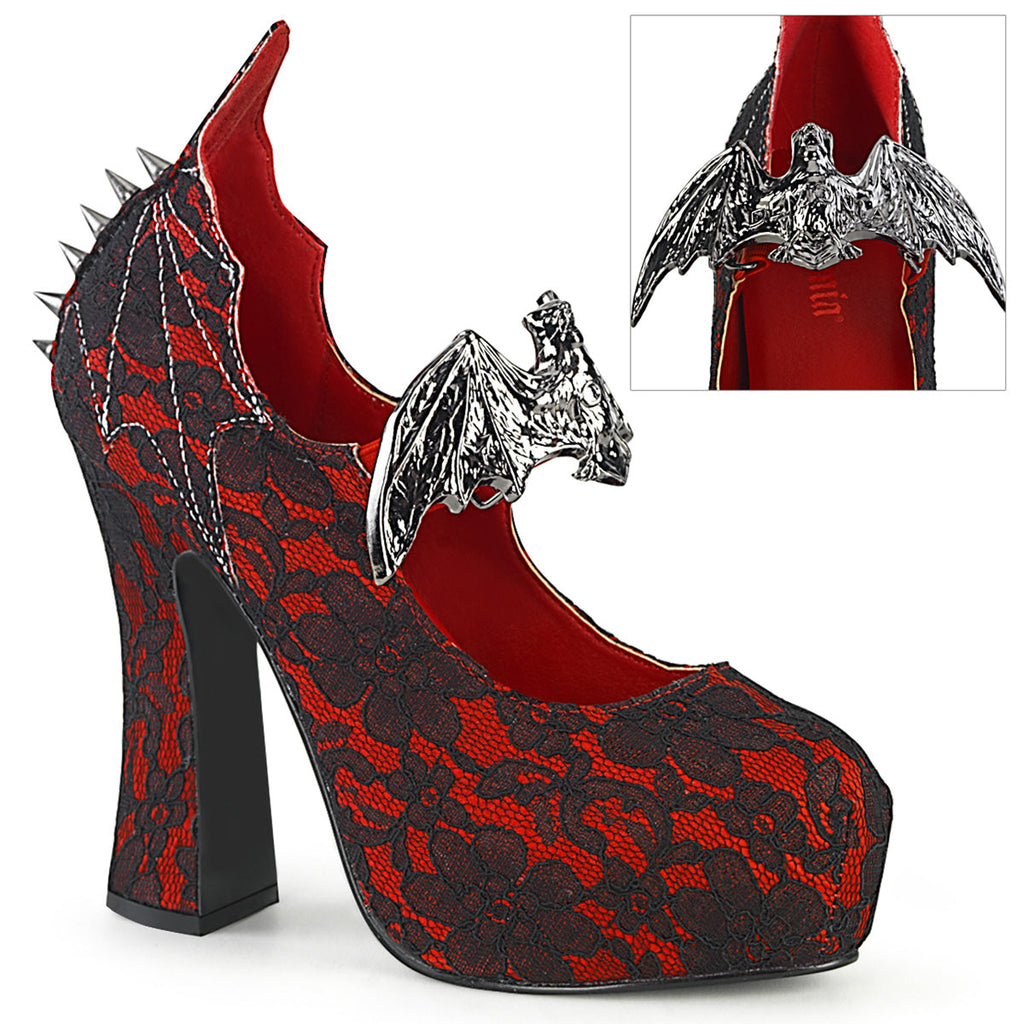 DemoniaCult Womens Pumps DEMON-18 Red Satin-Blk Lace