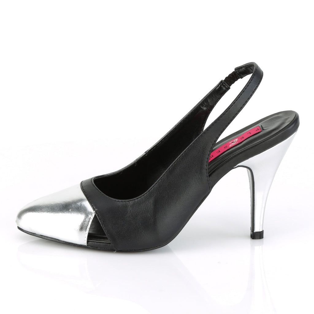 Pleaser Pink Label Womens Pumps DREAM-405 Blk Faux Leather-Slv Metallic Pu