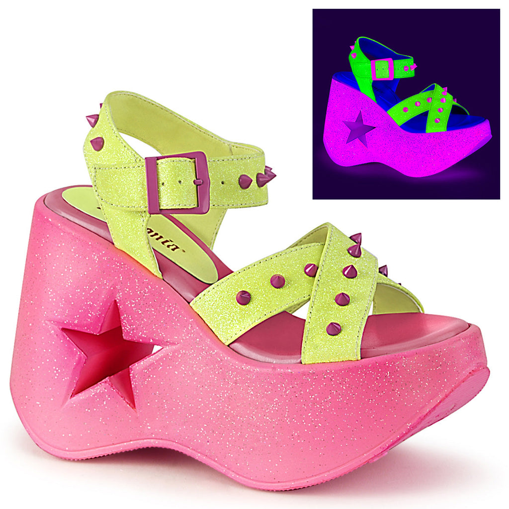DemoniaCult Womens Sandals DYNAMITE-02 Neon Yellow Glitter/Pink