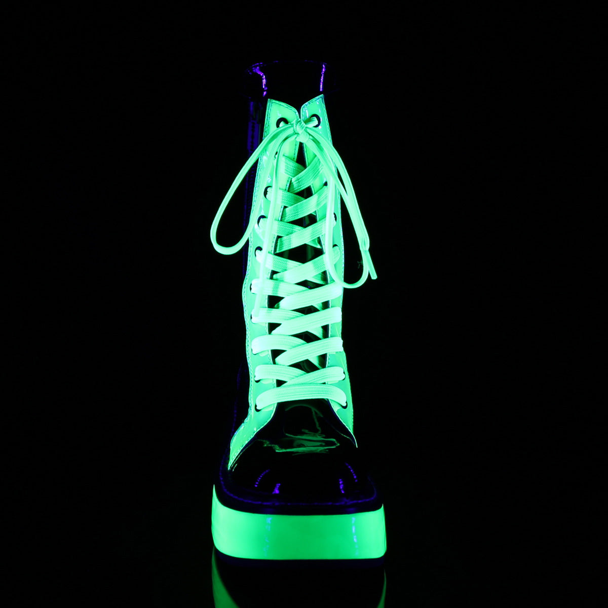 DemoniaCult Womens Boots EMILY-350 Blk Pat-UV Neon Green