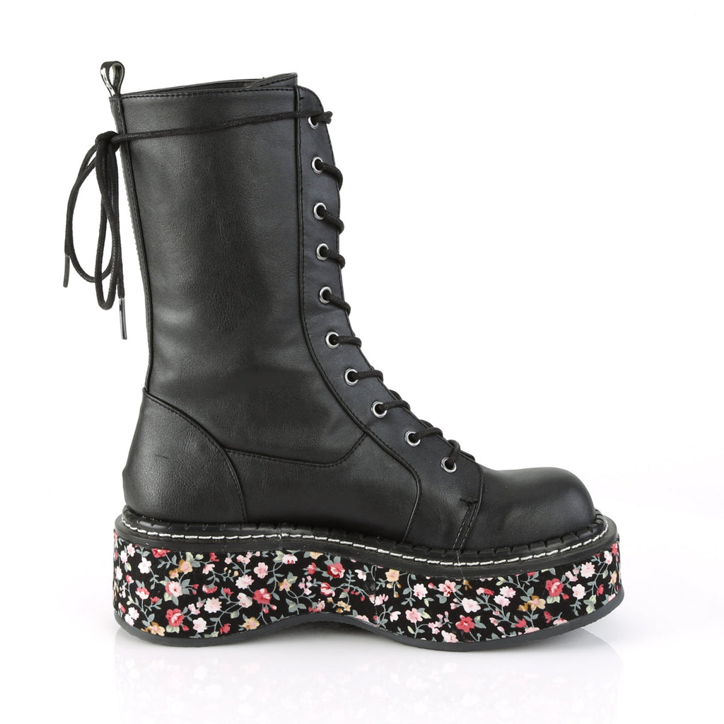 DemoniaCult Womens Boots EMILY-350 Blk Vegan Leather-Floral Fabric