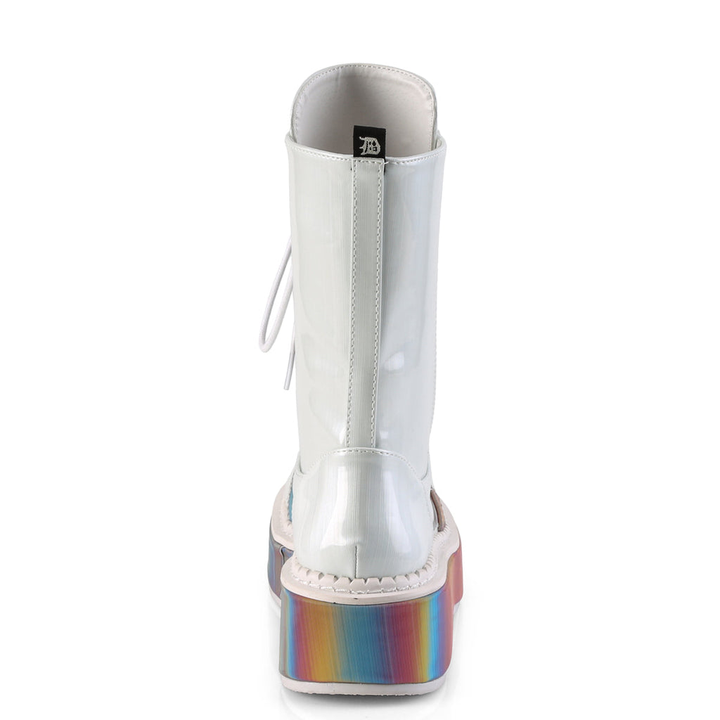 DemoniaCult Womens Boots EMILY-350 Wht Brushed Hologram Vegan Leather-Rainbow Reflective