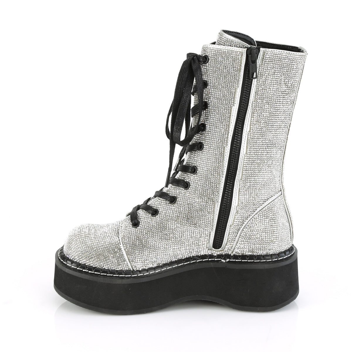 DemoniaCult Womens Boots EMILY-362 Silver Vegan Leather-Rhinstone