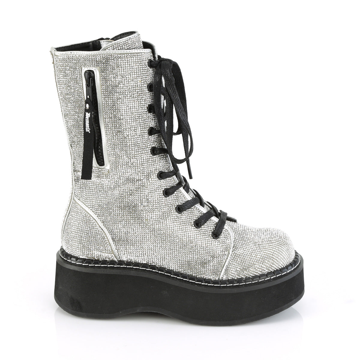 DemoniaCult Womens Boots EMILY-362 Silver Vegan Leather-Rhinstone