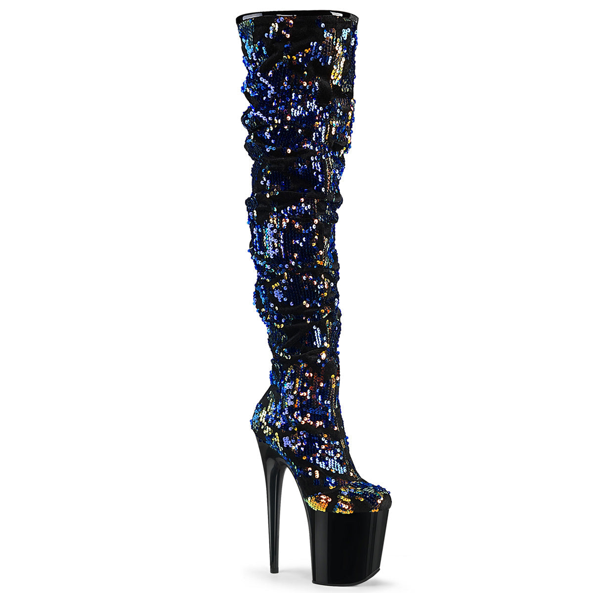 Pleaser Womens Boots FLAMINGO-3004 Blue Iridescent Sequins/Blk