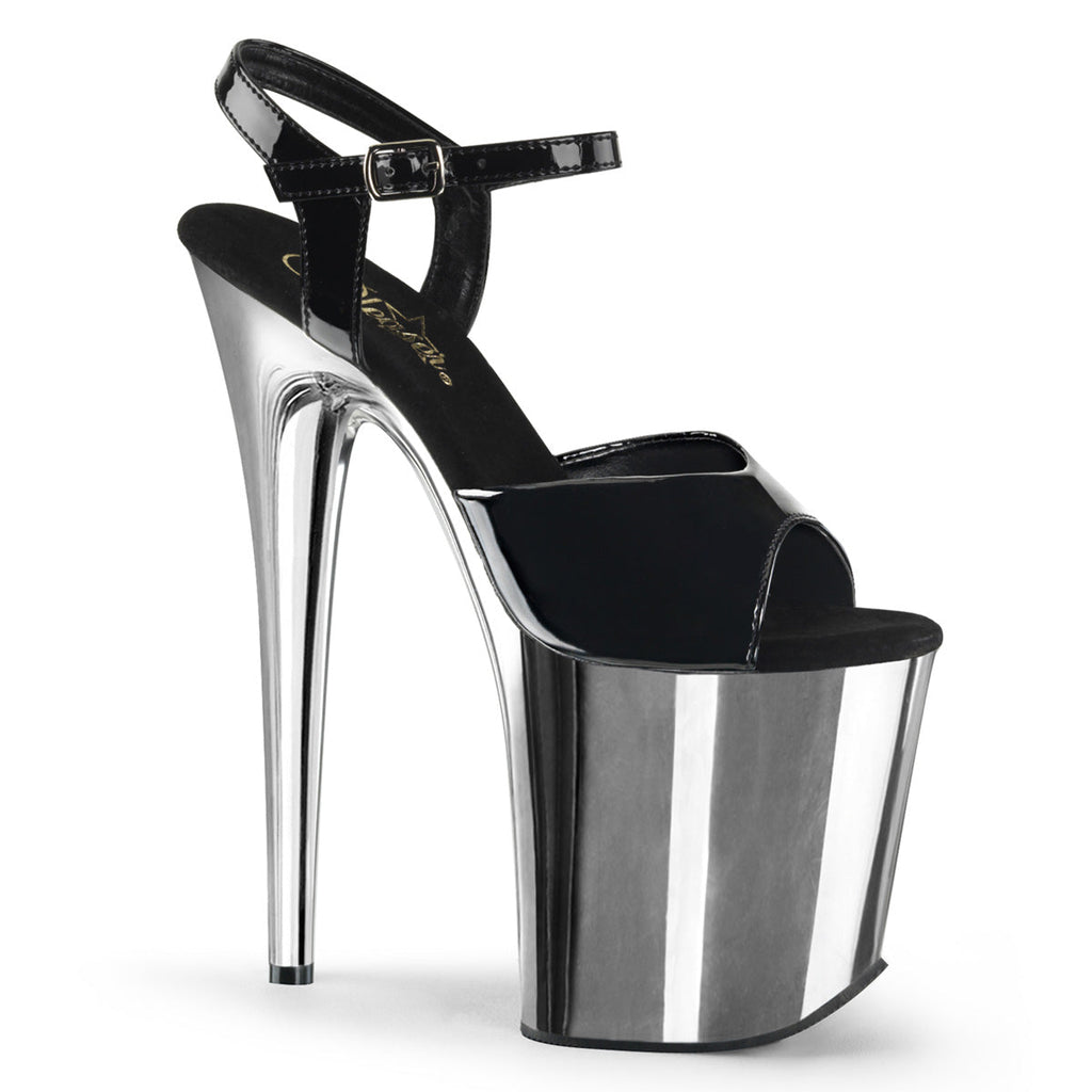 Pleaser Womens Sandals FLAMINGO-809 Blk Pat/Slv Chrome