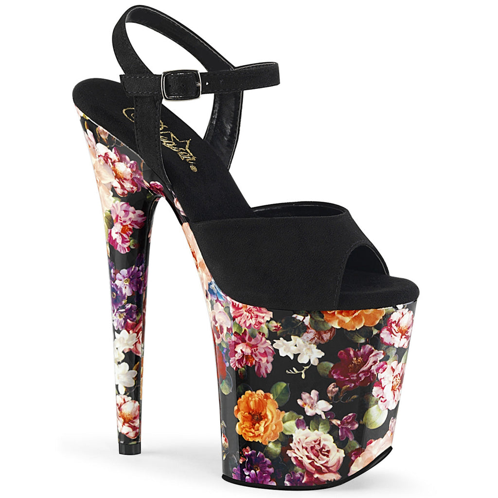Pleaser Womens Sandals FLAMINGO-809WR Blk Faux Suede/Flower Print Wrapped