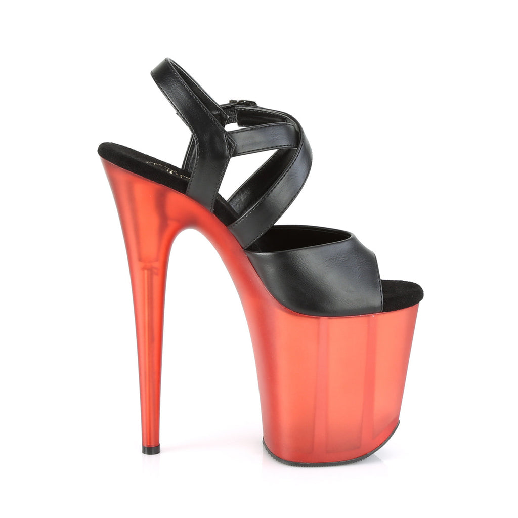 Pleaser Womens Sandals FLAMINGO-822T Blk Faux Leather/Frosted Red