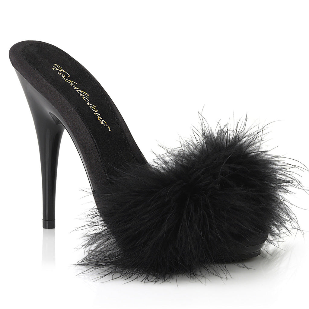 Fabulicious Womens Sandals POISE-501F Blk Satin-Marabou Fur/Blk