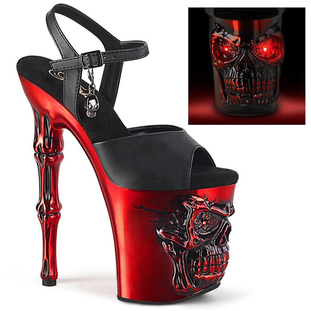 Pleaser  Sandals RAPTURE-809-LT Blk Faux Leather/Satin Red Chrome