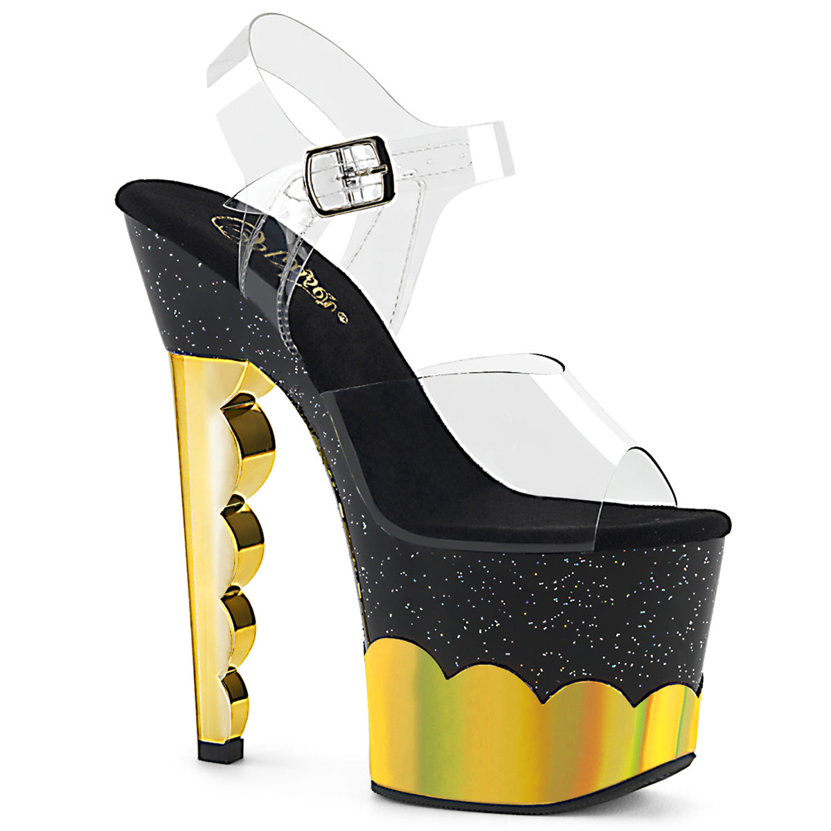 Pleaser Womens Sandals SCALLOP-708-2HGM Clr/Blk-Gold Hologram