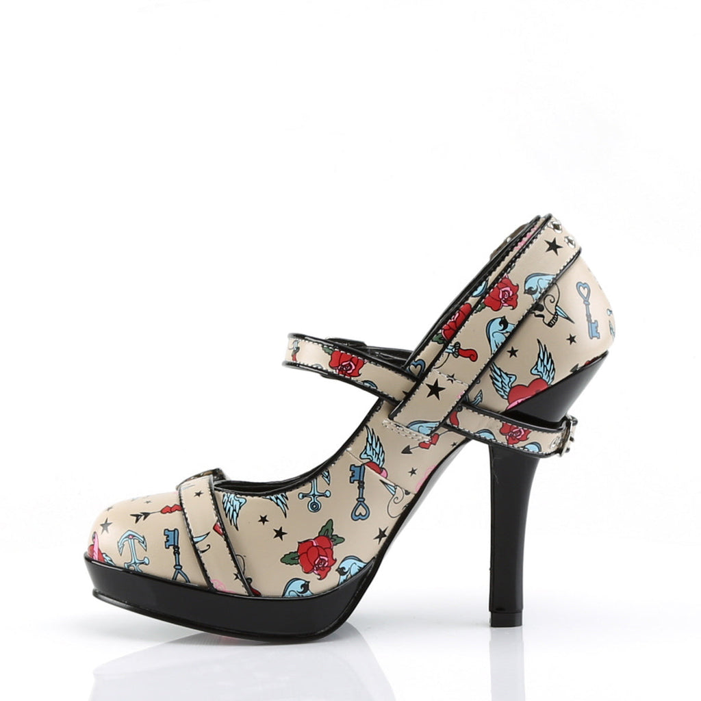 Pin Up Couture Womens Pumps SECRET-14 Cream Pu (Tattoo Print)