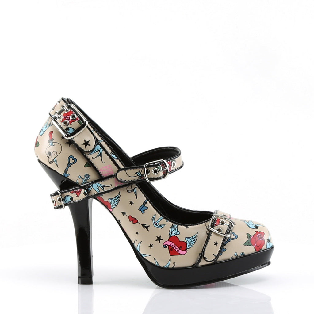 Pin Up Couture Womens Pumps SECRET-14 Cream Pu (Tattoo Print)