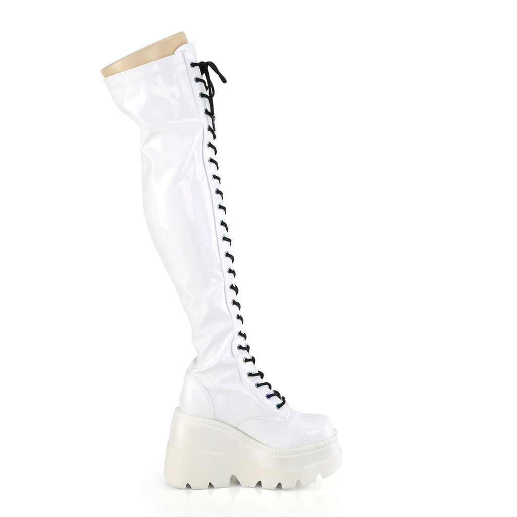 DemoniaCult Womens Boots SHAKER-374 Wht Hologram Stretch Patent