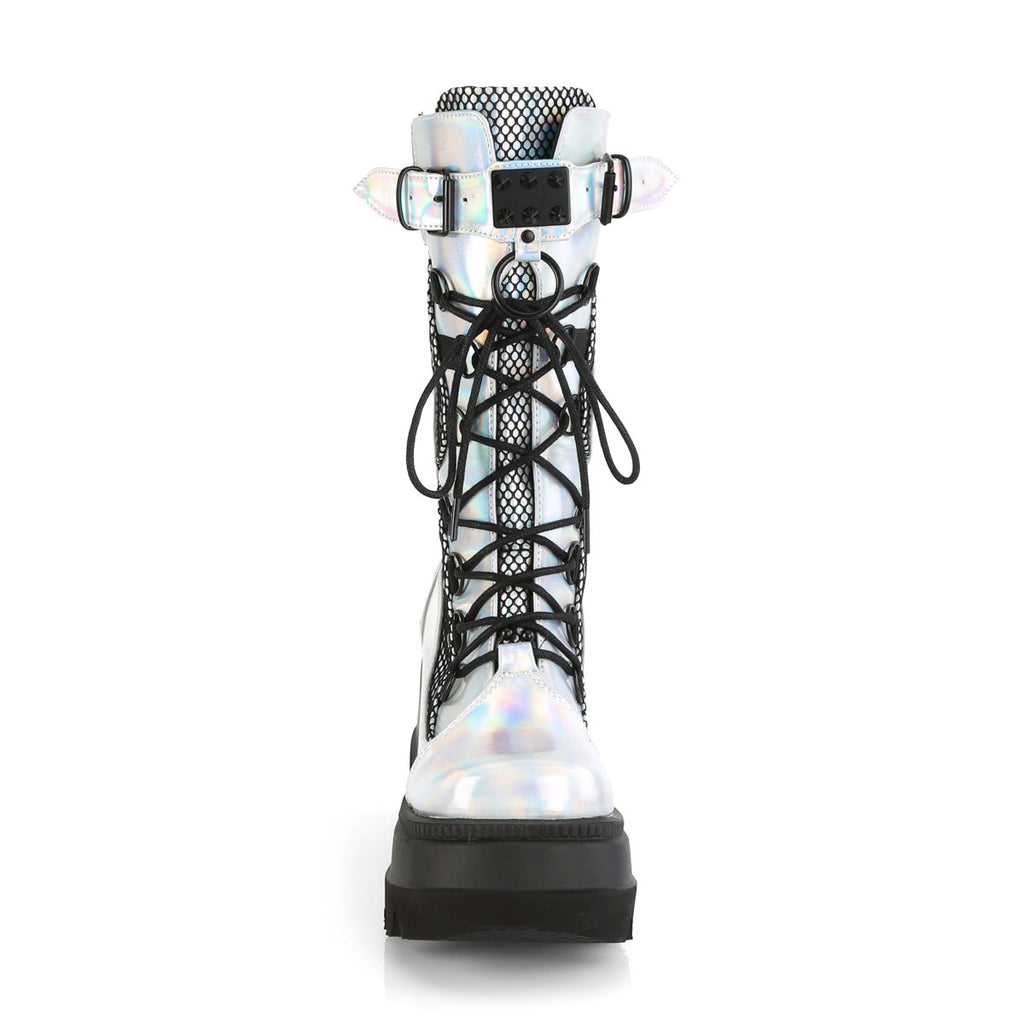 DemoniaCult Womens Boots SHAKER-70 Silver Holo. Vegan Leather-Blk Fishnet
