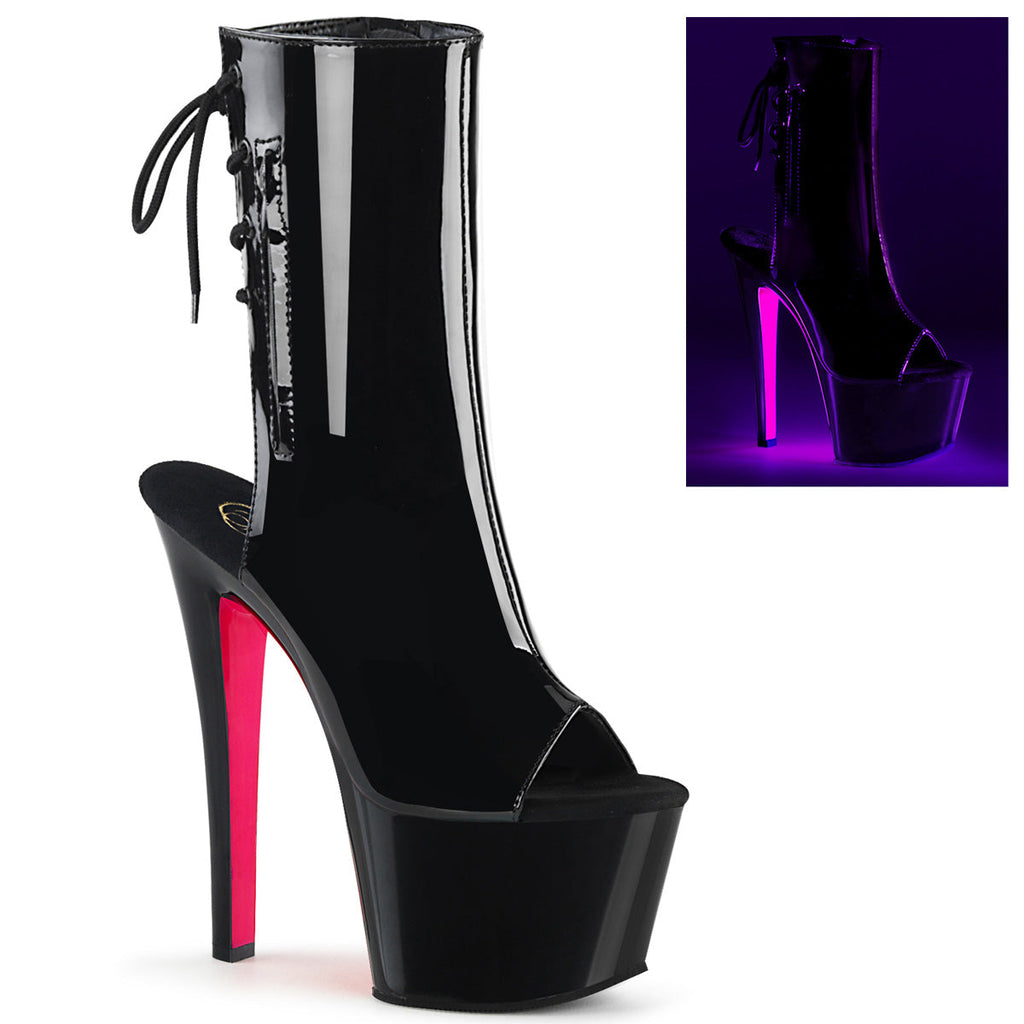 Pleaser Womens Ankle Boots SKY-1018TT Blk Pat/Blk-Neon H. Pink