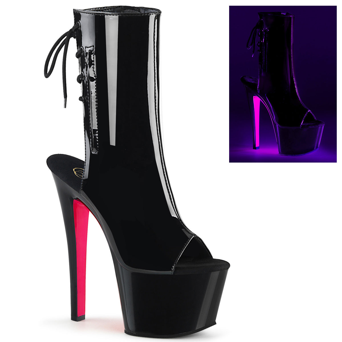 Pleaser Womens Ankle Boots SKY-1018TT Blk Pat/Blk-Neon H. Pink