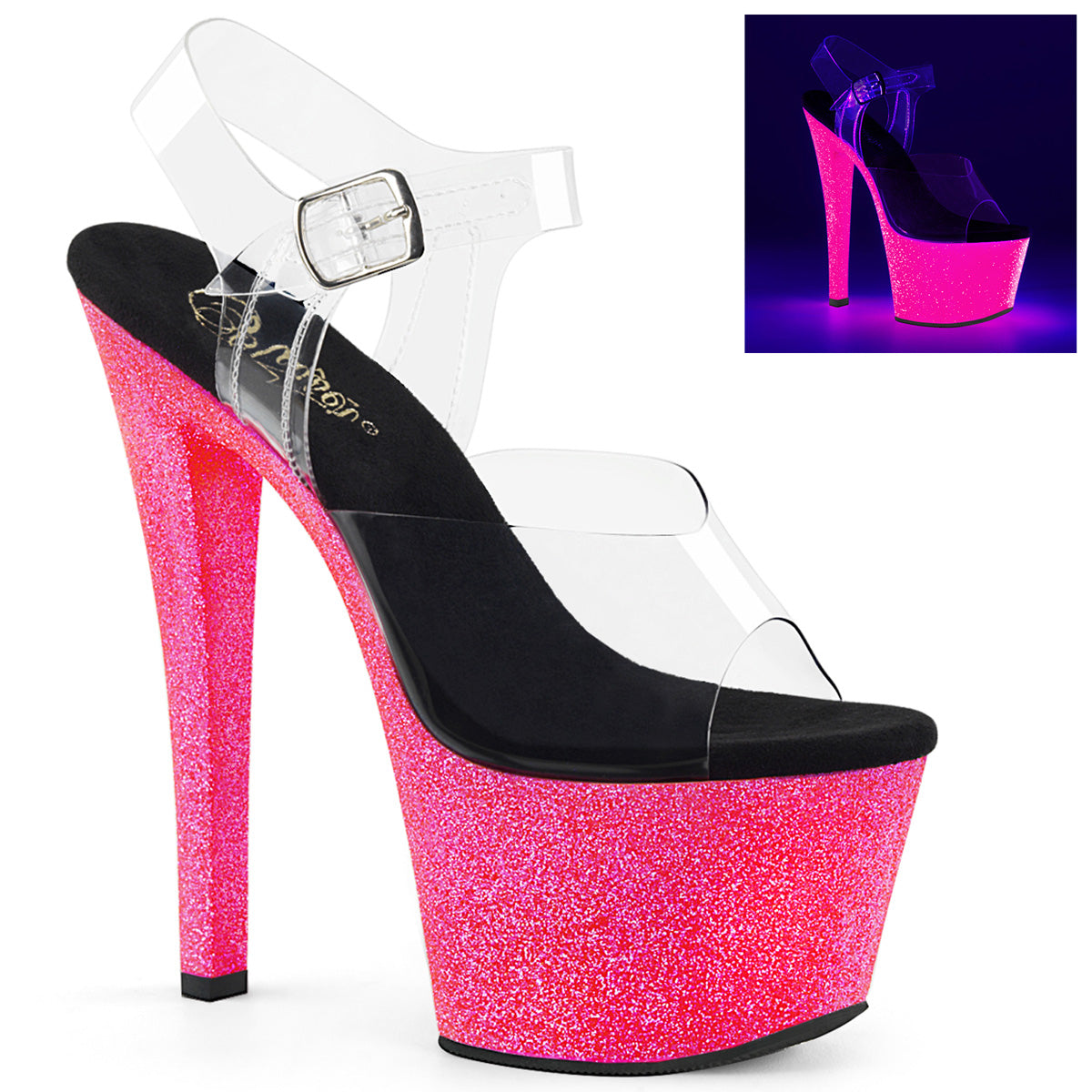 Pleaser Womens Sandals SKY-308UVG Clr/Neon H. Pink Glitter