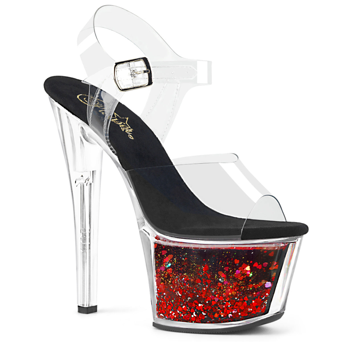 Pleaser Womens Sandals SKY-308WHG Clr/Blk-Red Glitter