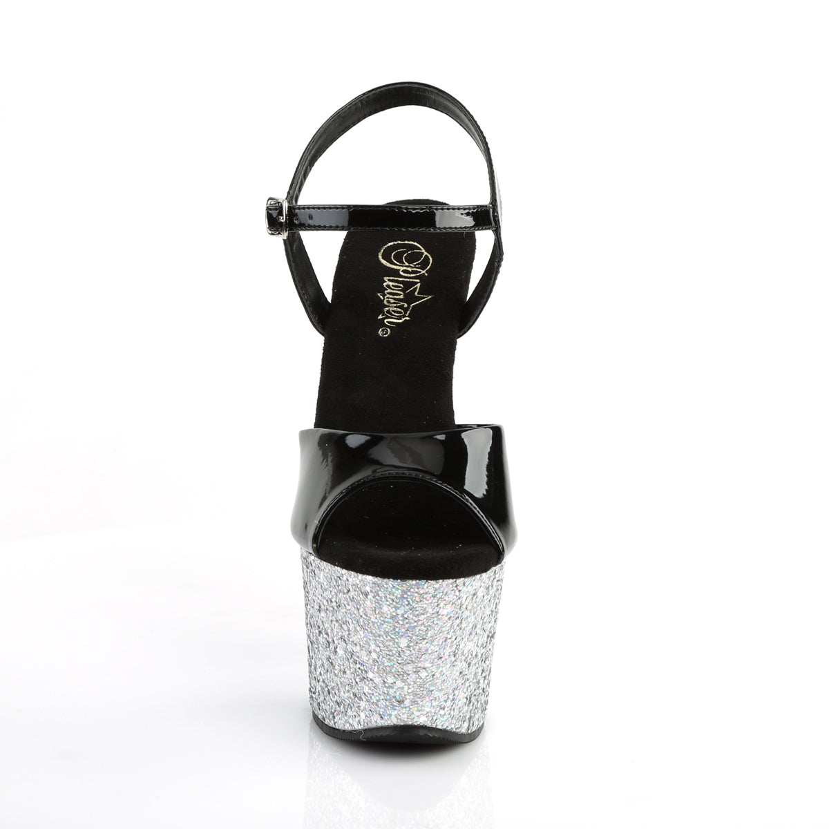 Pleaser Womens Sandals SKY-309LG Blk Pat/Slv Multi Glitter