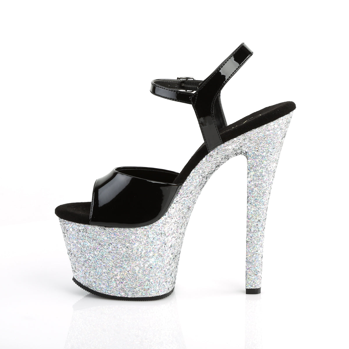 Pleaser Womens Sandals SKY-309LG Blk Pat/Slv Multi Glitter