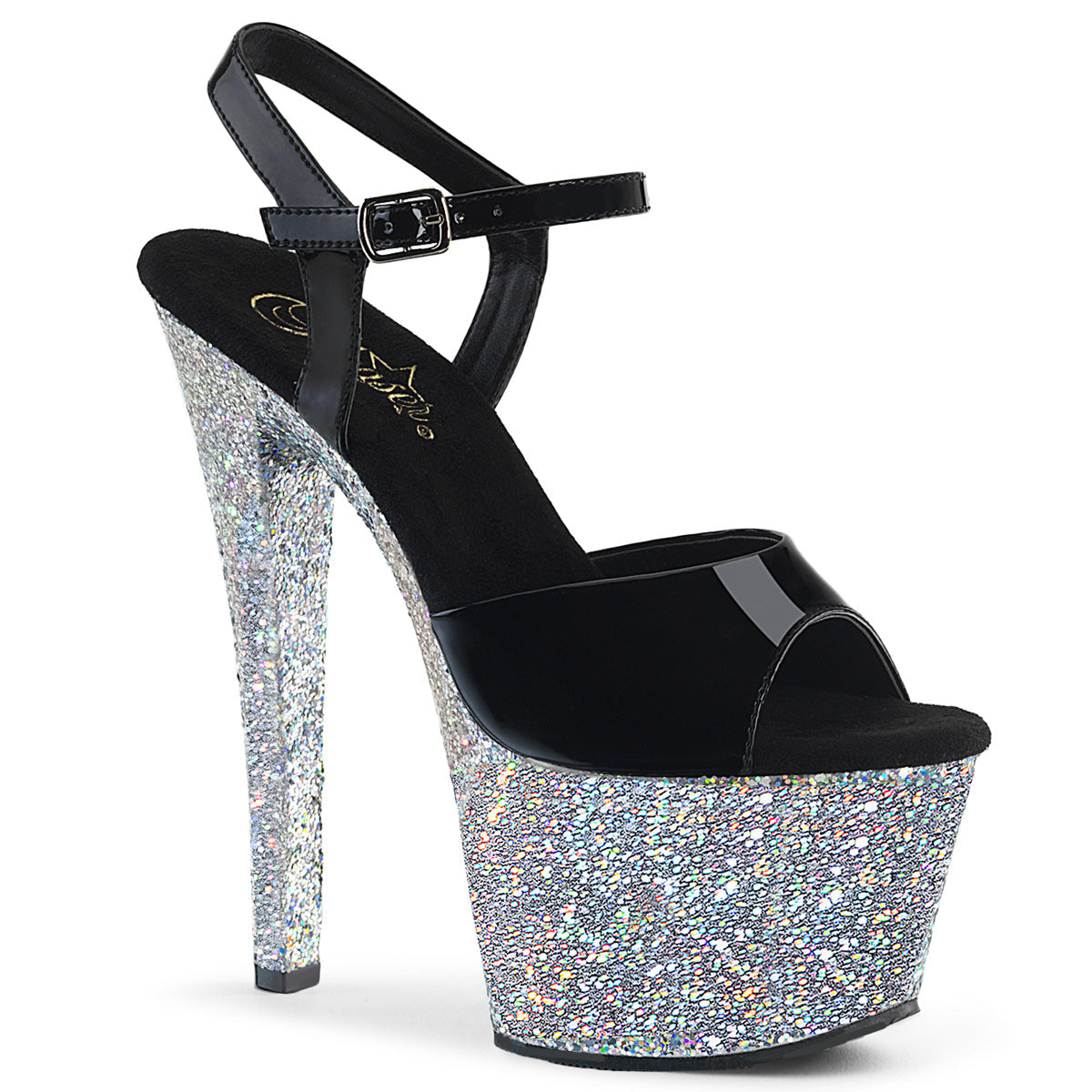Pleaser Womens Sandals SKY-309LG Blk Pat/Slv Multi Glitter