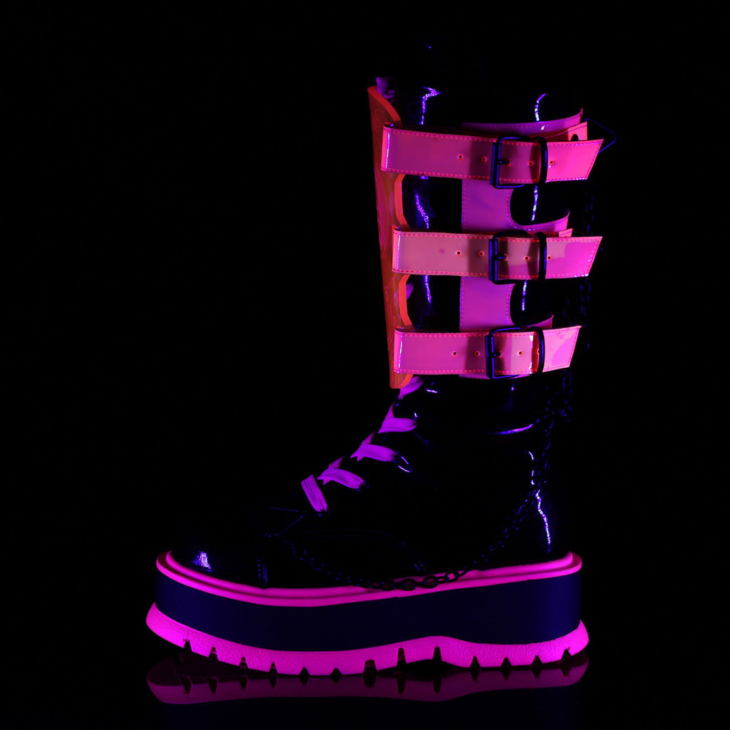 DemoniaCult  Boots SLACKER-156 Blk Patent-UV Neon Pink