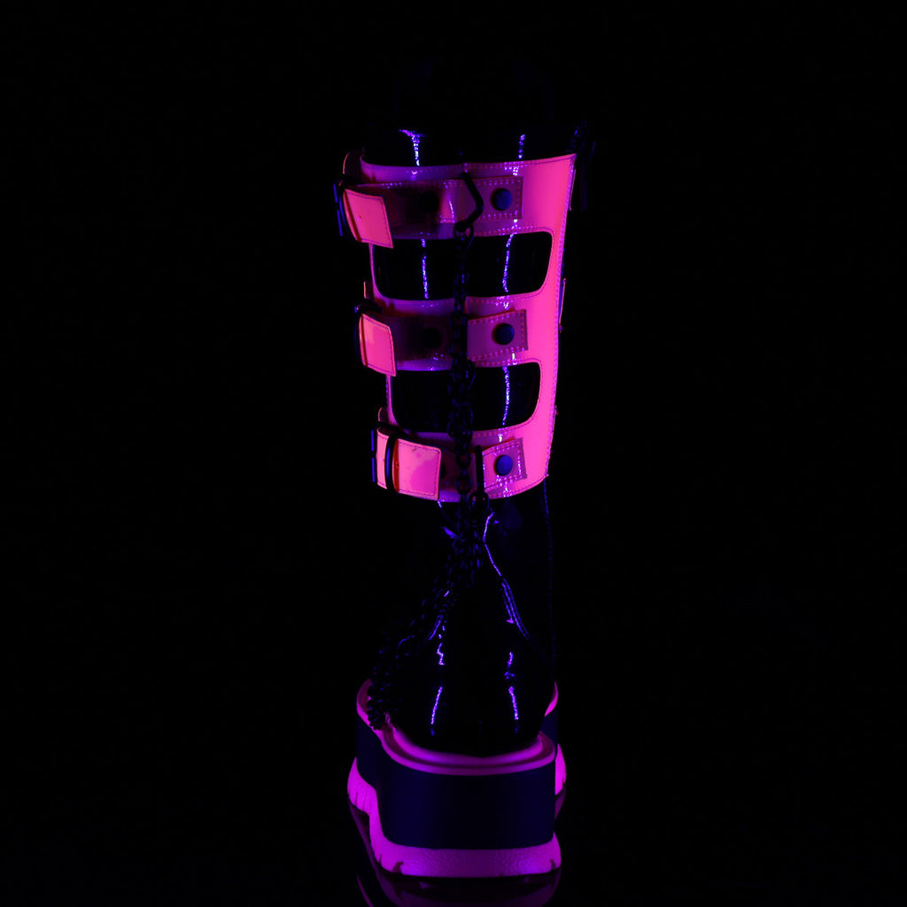DemoniaCult  Boots SLACKER-156 Blk Patent-UV Neon Pink