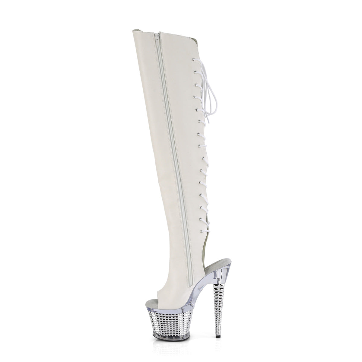 Pleaser  Boots SPECTATOR-3019 Wht Faux Leather/Clr-Slv Chrome