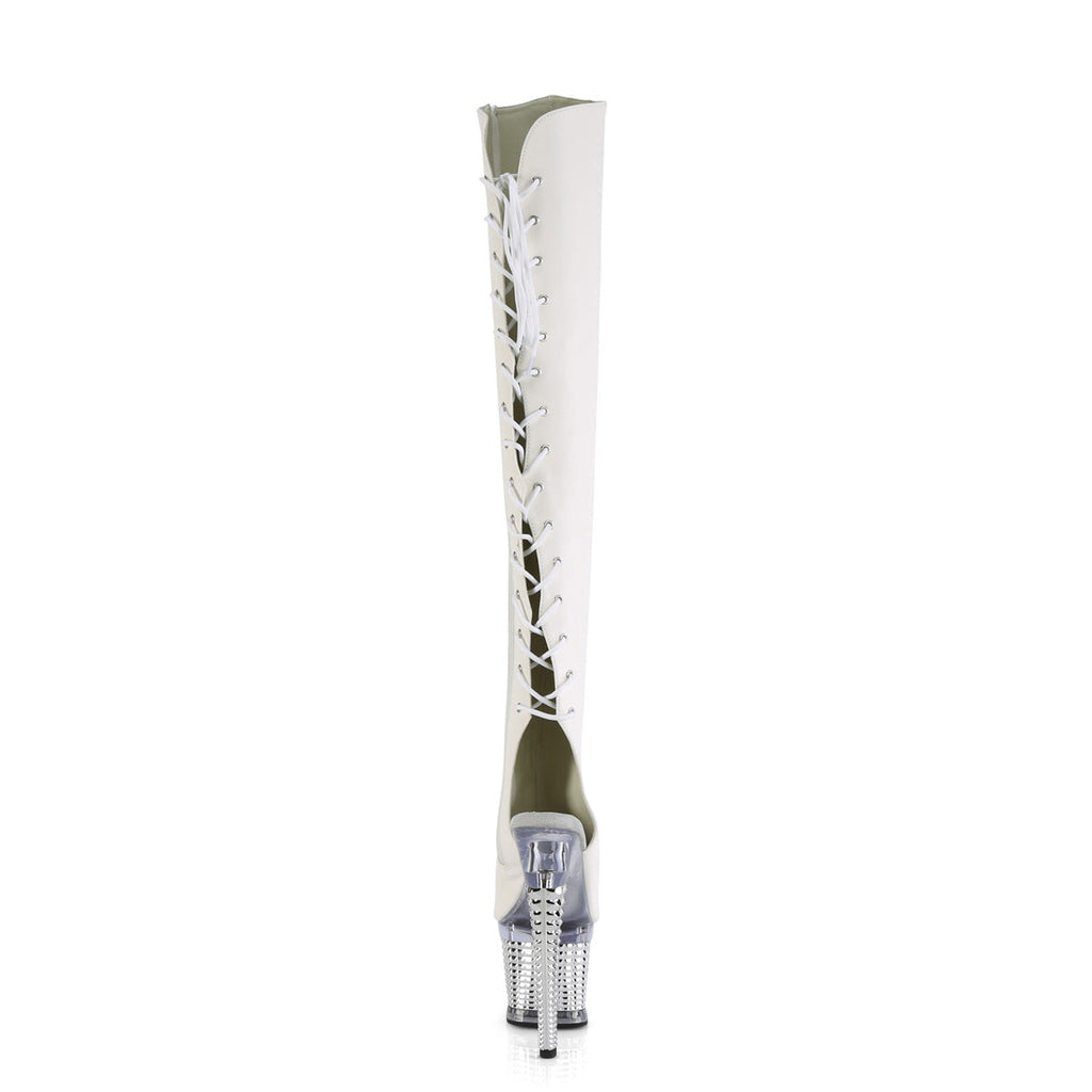 Pleaser  Boots SPECTATOR-3019 Wht Faux Leather/Clr-Slv Chrome